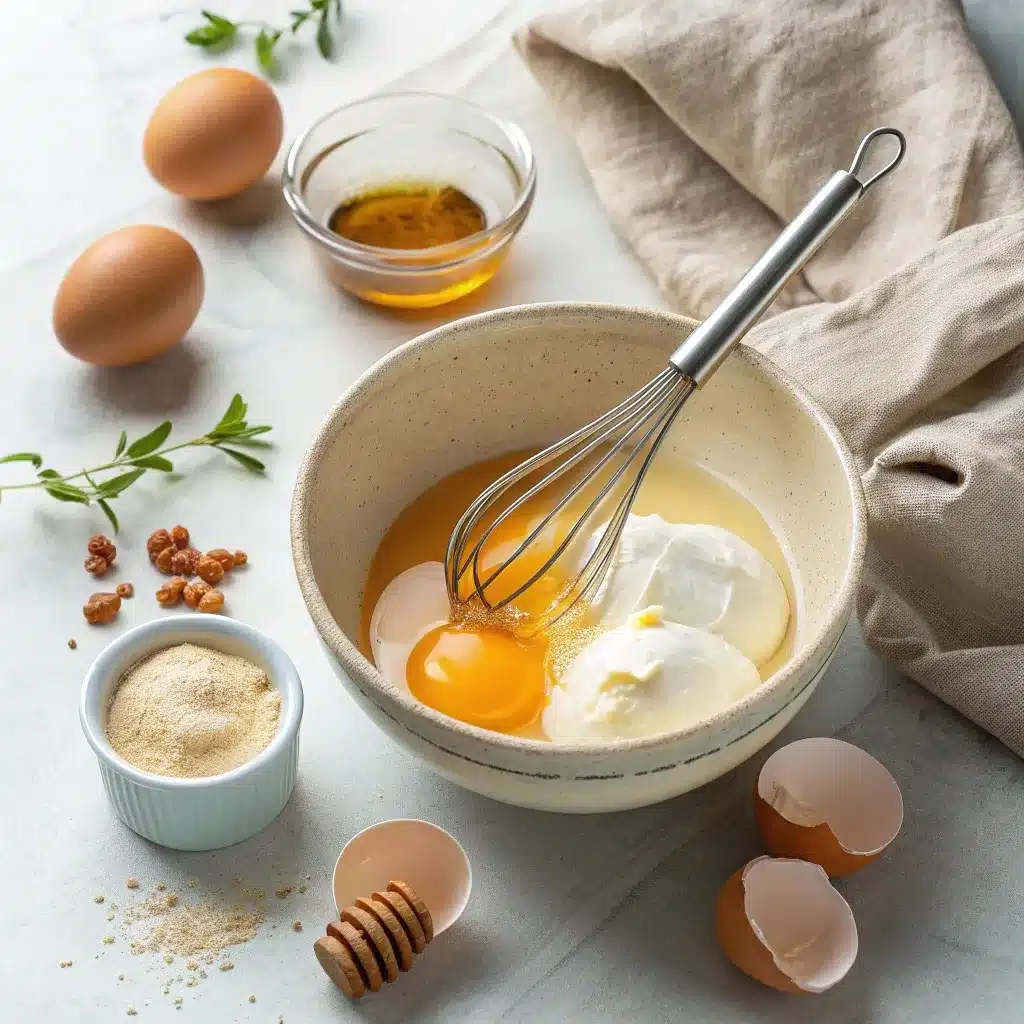 Whisking yogurt, eggs, and honey for high protein triple berry bake