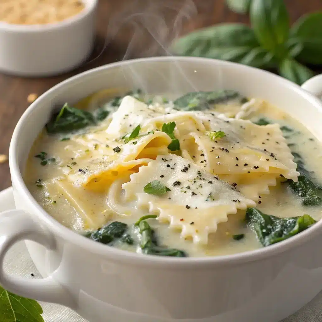 Creamy white lasagna soup with noodles, ricotta, spinach, and melted cheese.