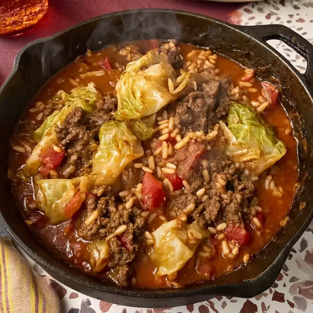 Close-up of unstuffed cabbage rolls simmering in a pot with cabbage, beef, and tomato sauce.