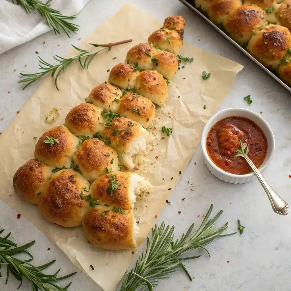 Overhead view of Christmas Tree Pull Apart Bread with several rolls pulled off, showing gooey cheese and herbs.