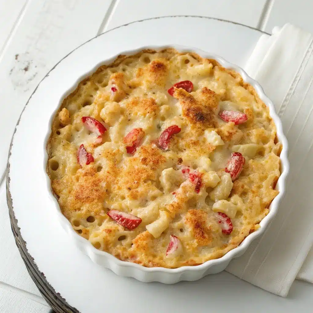 Round casserole dish full of creamy Costco Lobster Mac and Cheese Recipe topped with small diced lobster.