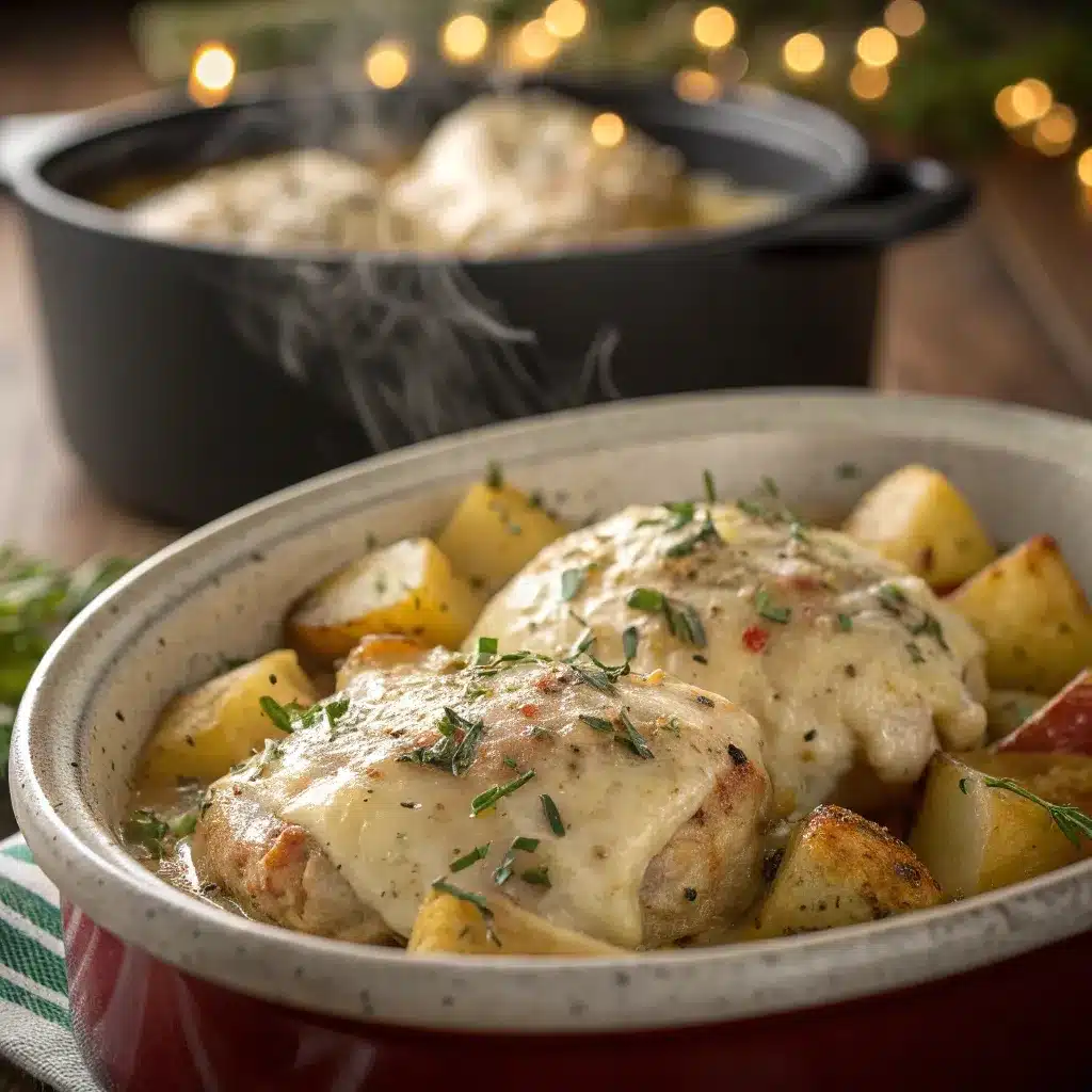 Creamy garlic parmesan chicken and potatoes close-up with melted cheese and herbs