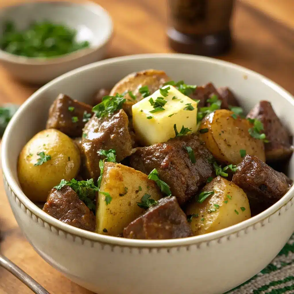 Bowl of slow cooker garlic butter beef bites and potatoes with melted butter