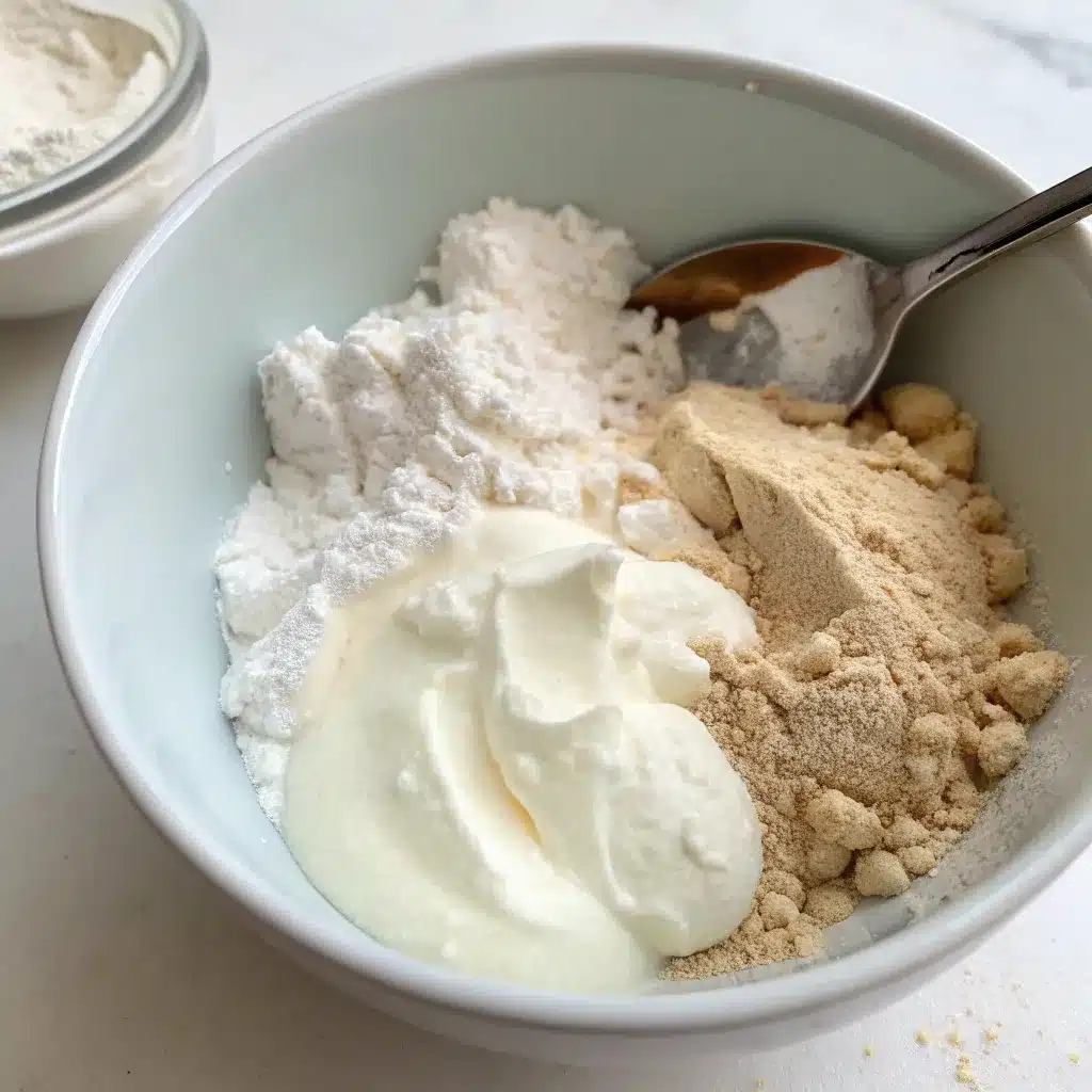 A mixing bowl containing unmixed Greek yogurt and vanilla protein powder.