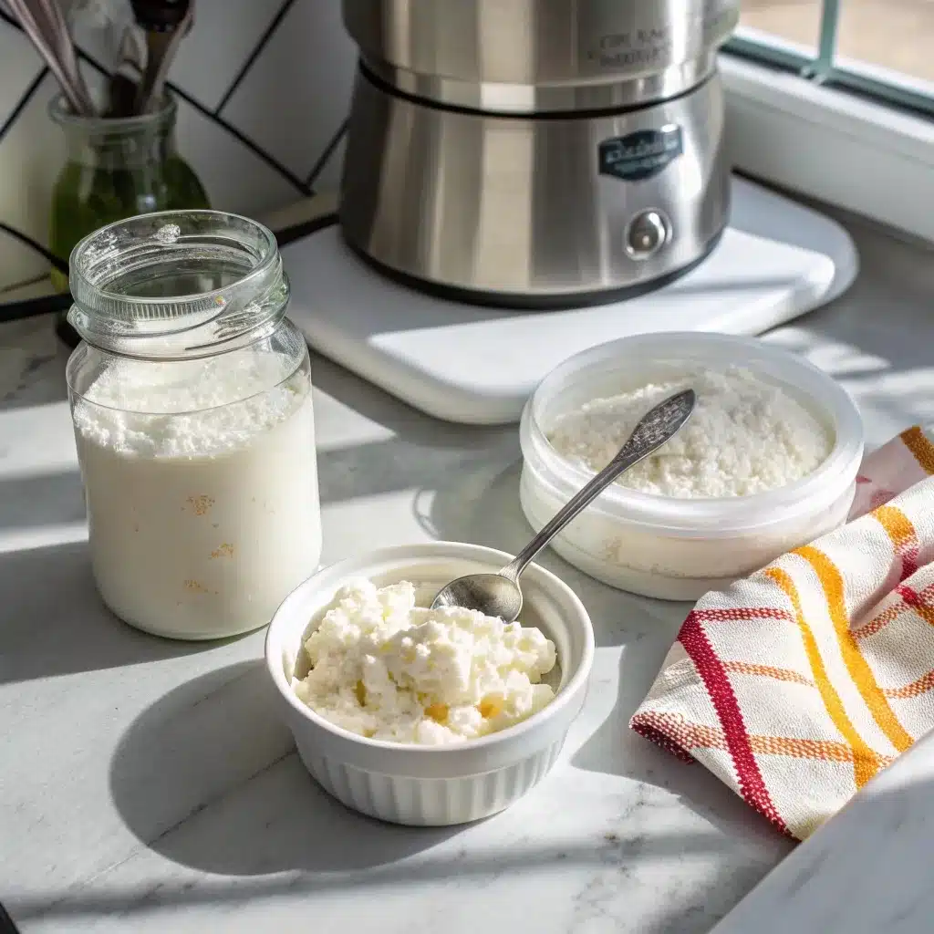 The only ingredients needed for 2 ingredient cottage cheese pizza dough: cottage cheese and flour.