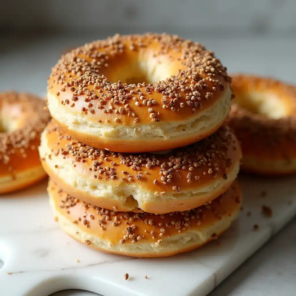 Close-up stack of fluffy golden brown high protein bagels topped with everything bagel seasoning on a clean white marble pastry board.