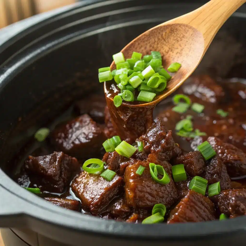 Stirring green onions into cooked sticky Mongolian beef in crockpot.