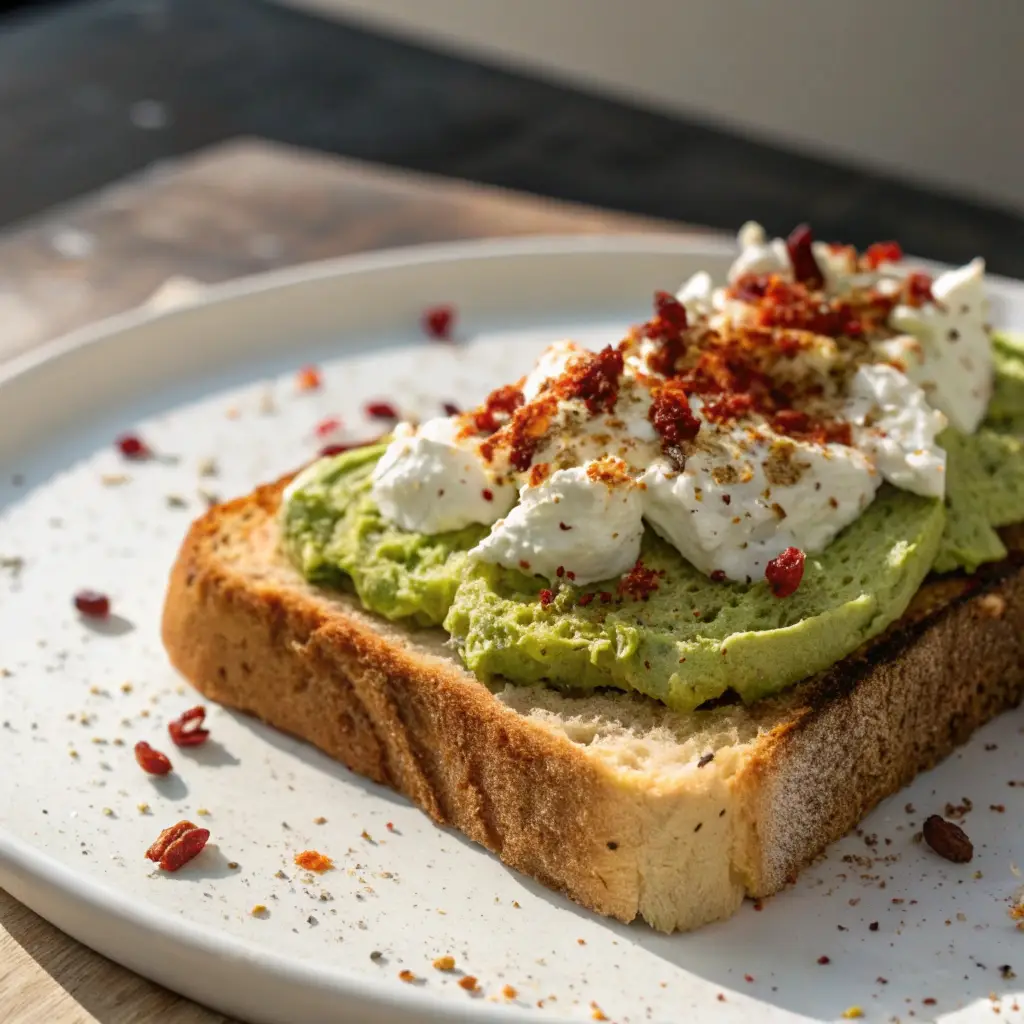 Whipped avocado cottage cheese toast with chili flakes.