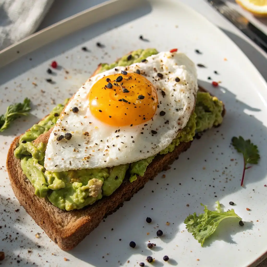 Avocado cottage cheese toast topped with a fried egg.
