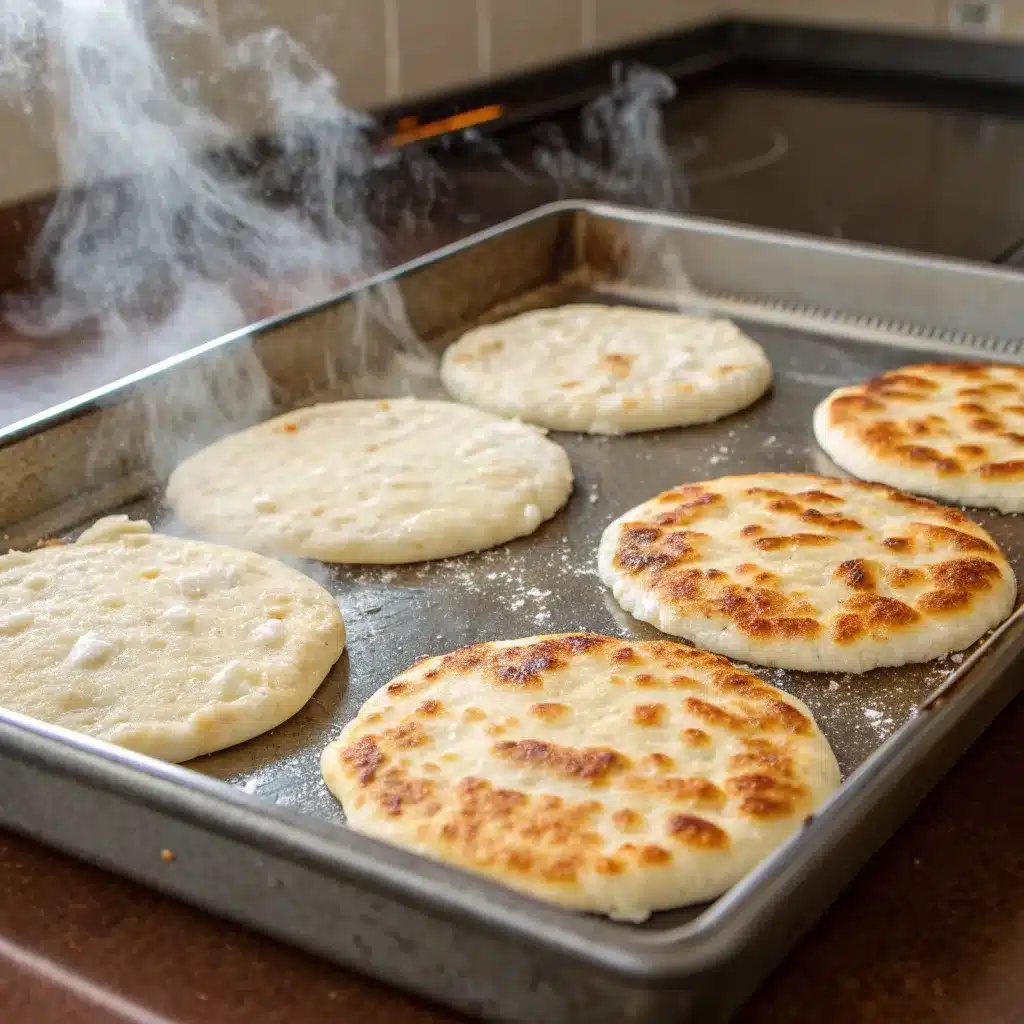 A full sheet pan of golden brown baked cottage cheese flatbread fresh out of the oven.