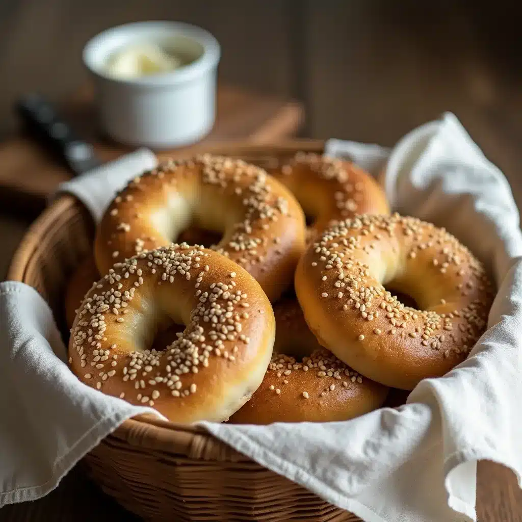 A linen-lined basket filled with fresh homemade cottage cheese bagels.