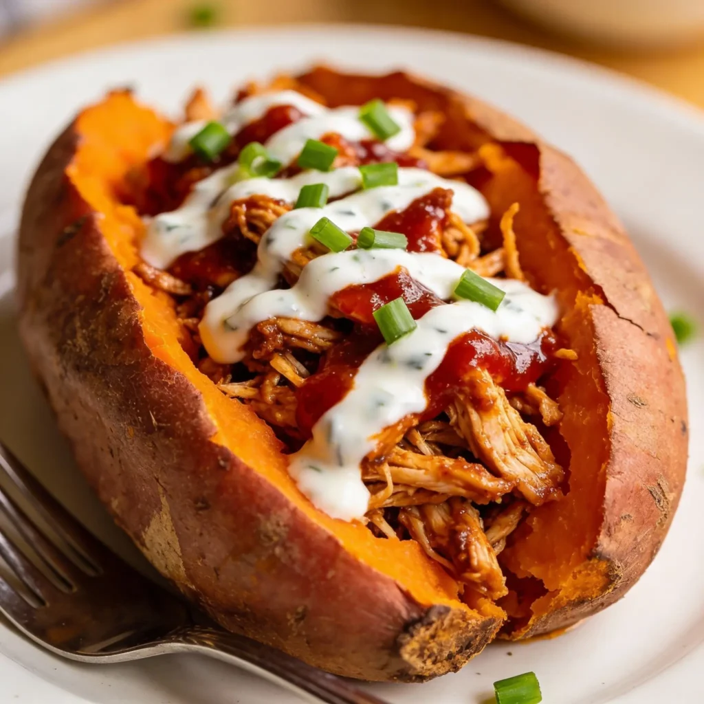 Baked sweet potato stuffed with slow cooker shredded BBQ chicken and topped with ranch dressing.