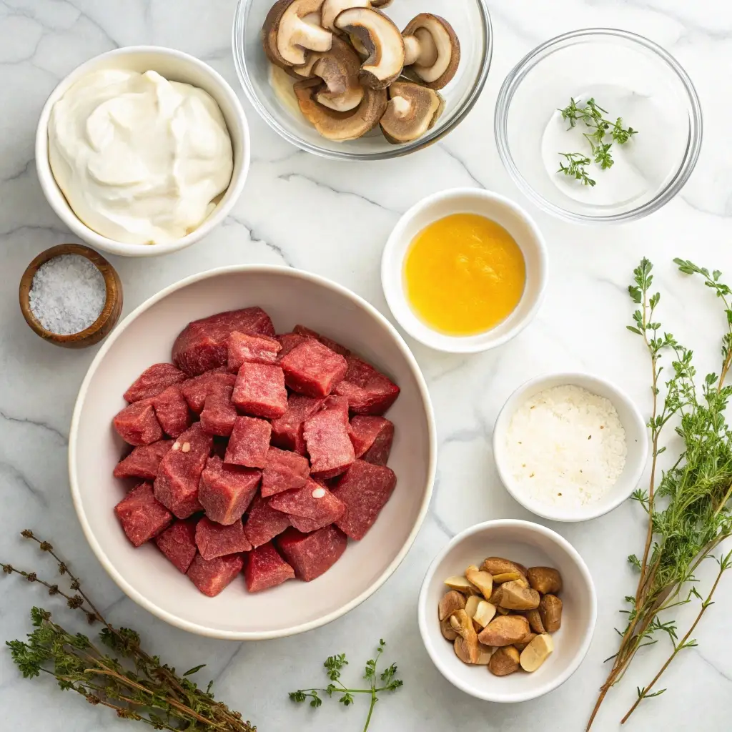 Flatlay of raw beef, mushrooms, greek yogurt, and spices.
