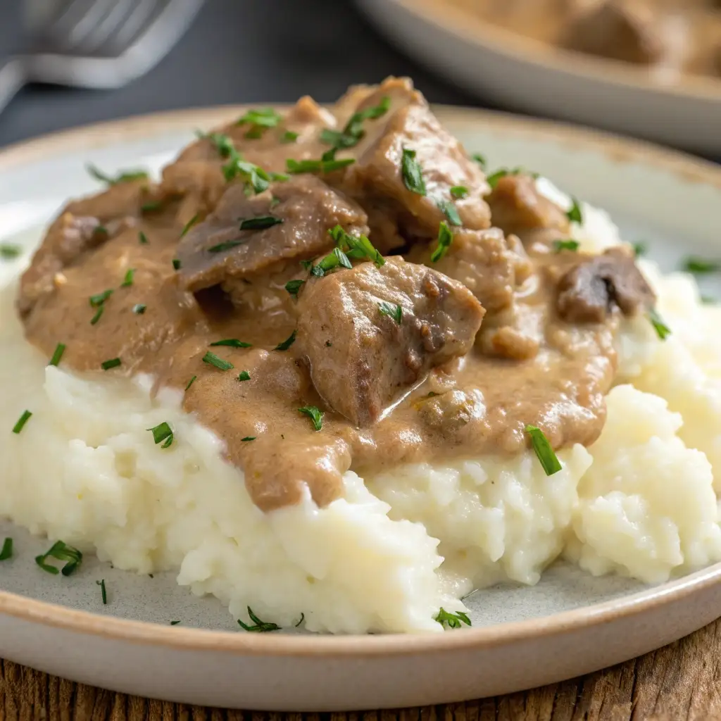 Creamy beef stroganoff served over fluffy mashed potatoes.