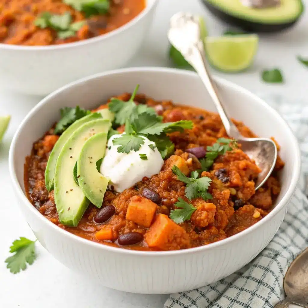 A colorful, mouthwatering bowl of vegan sweet potato chili topped with fresh avocado and cilantro.