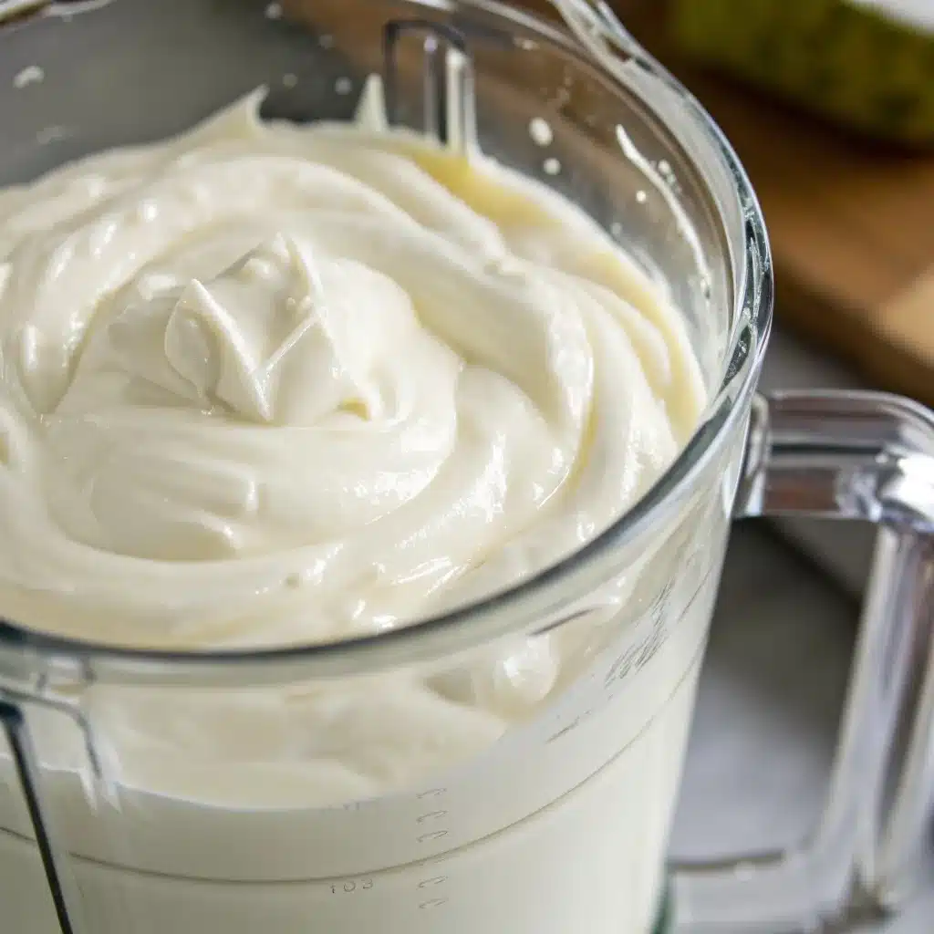 A blender jar filled with smooth white blended cottage cheese sauce.