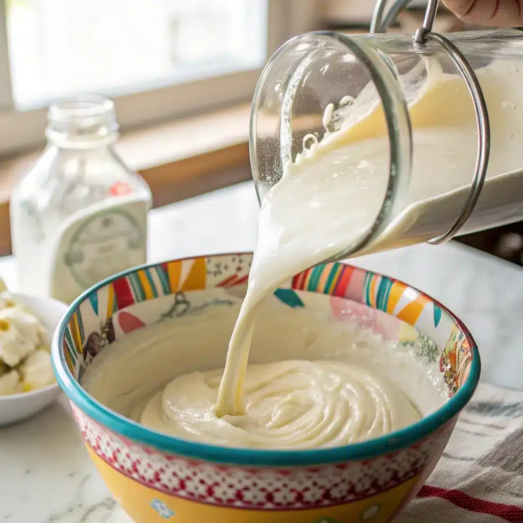 Blended cottage cheese being poured into a bowl for healthy homemade pizza dough.