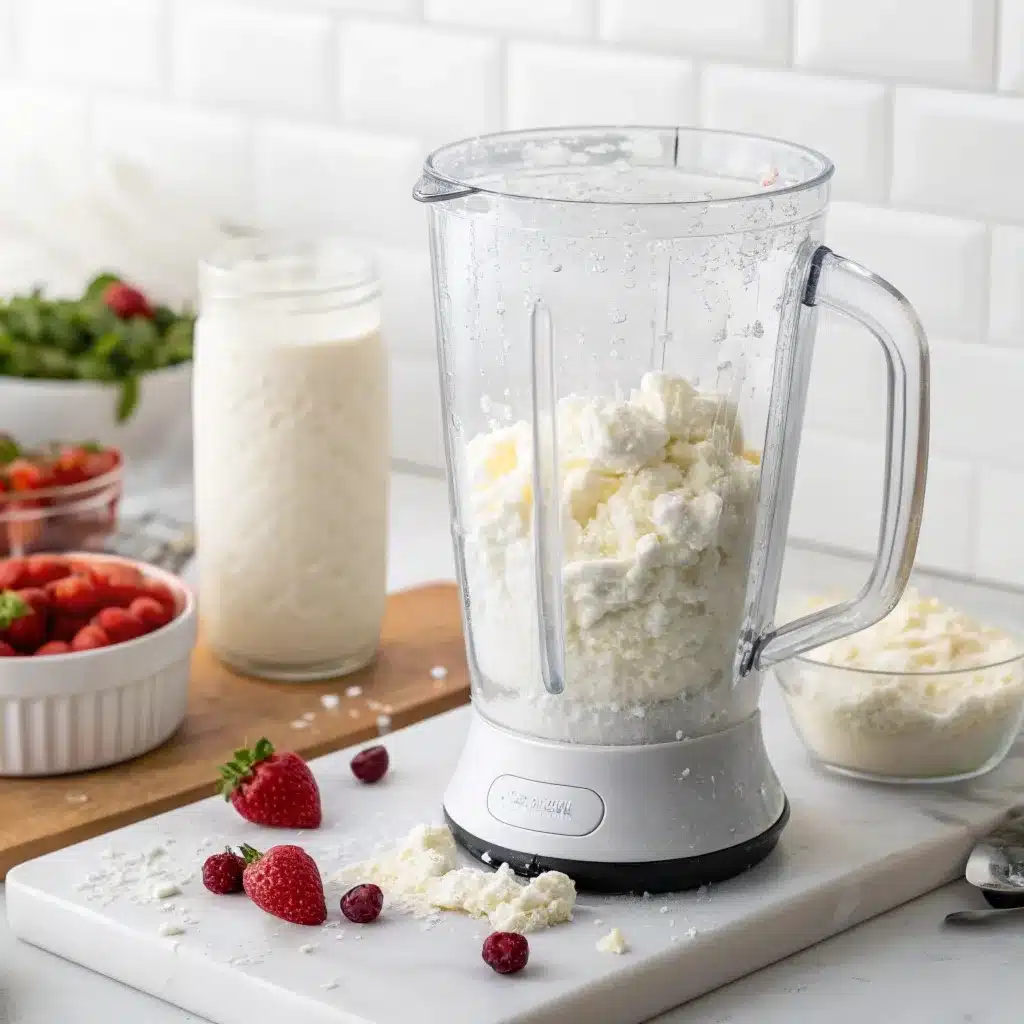 Blended cottage cheese sauce base in a blender.