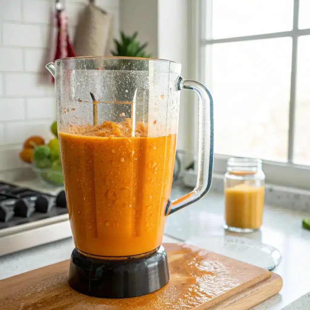 Blended roasted red pepper and cottage cheese sauce in a blender.