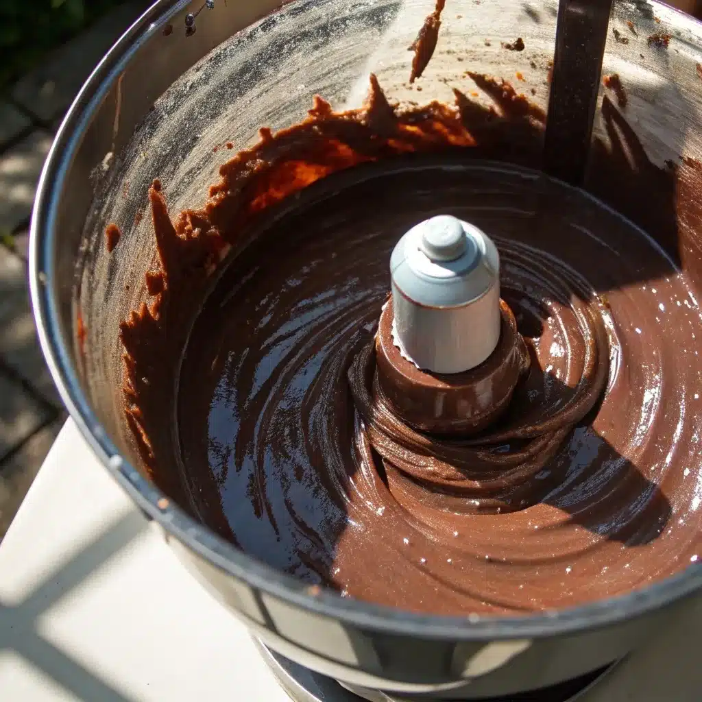 Blending chocolate mousse until smooth and glossy.