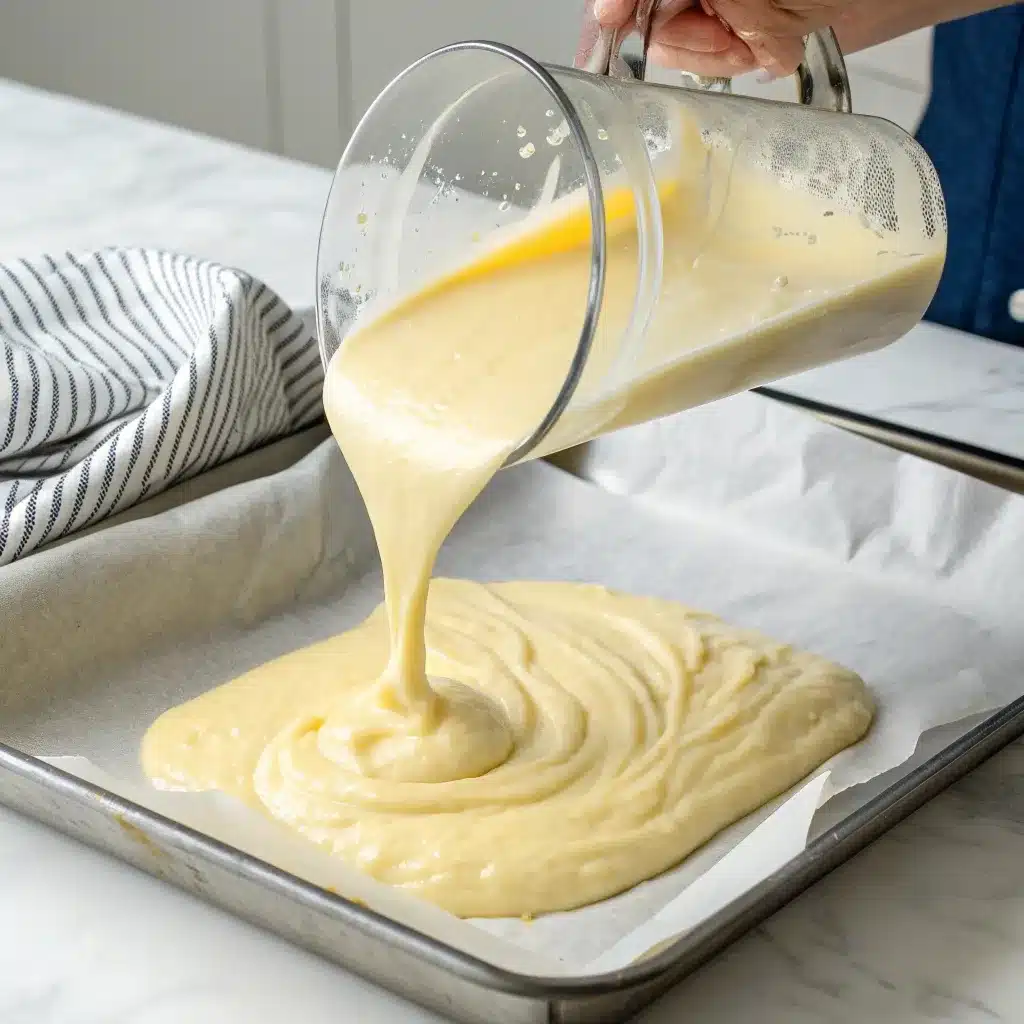 Pouring smooth, blended cottage cheese and egg batter onto a parchment-lined baking sheet.