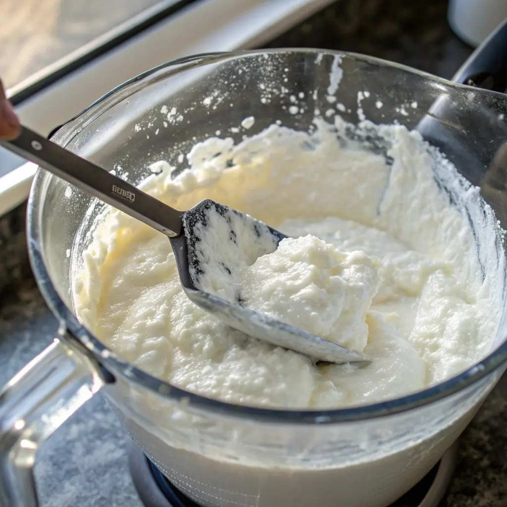 Blending smooth cottage cheese bark base in a blender.