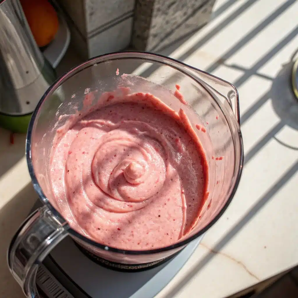 Blending pink Cottage Cheese Ice Cream mixture.