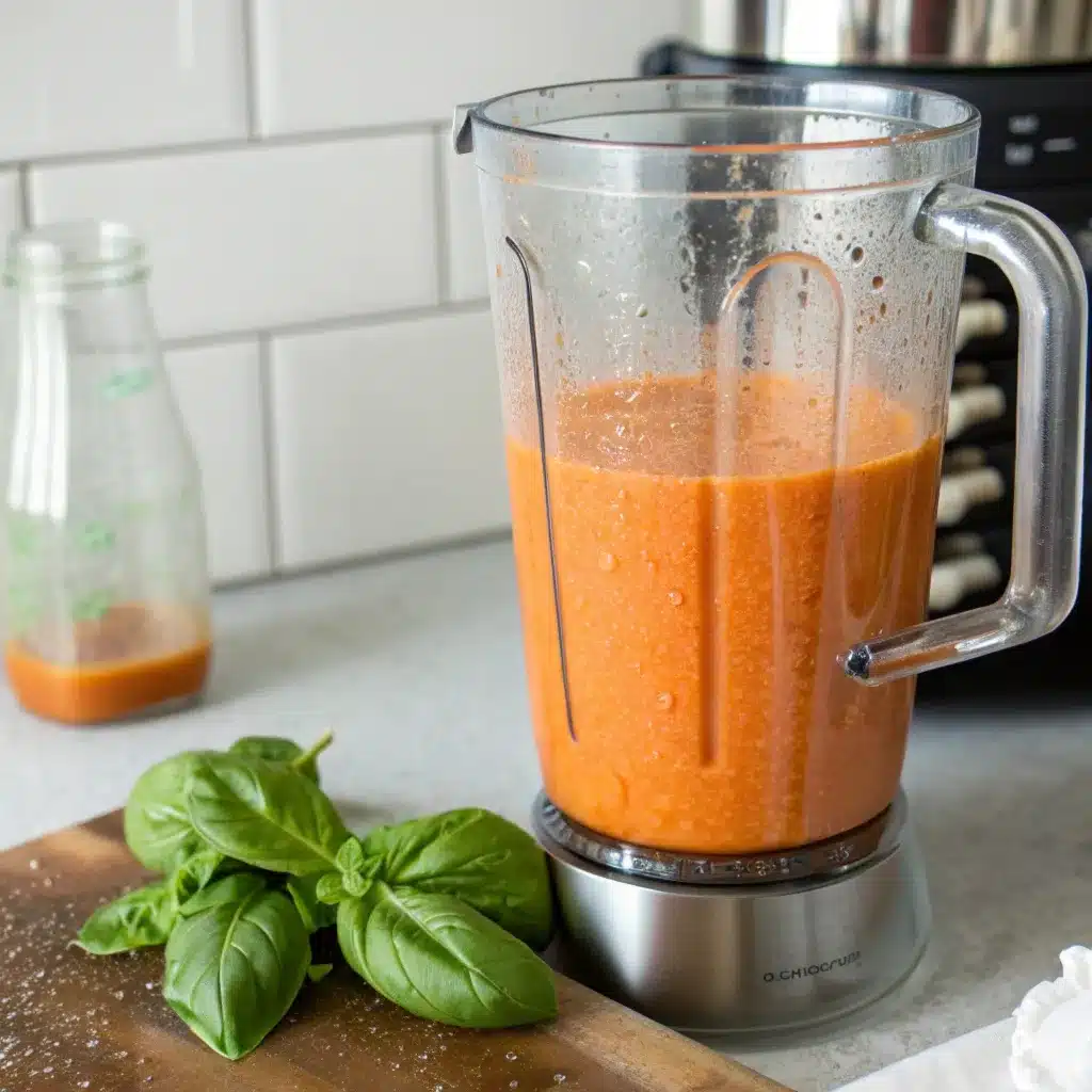 Blending cottage cheese into tomato soup for a creamy texture.