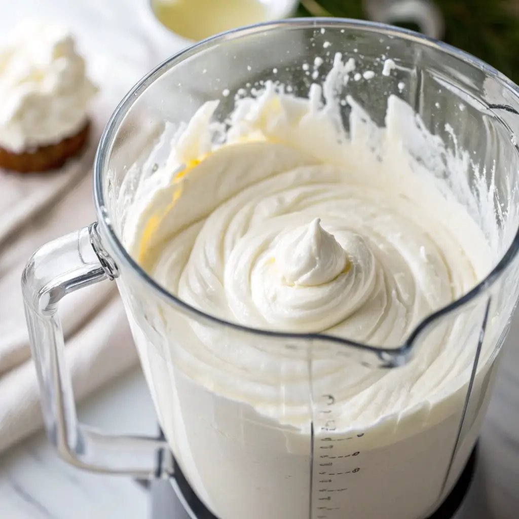 A blender pitcher filled with smooth, white blended cottage cheese cream.