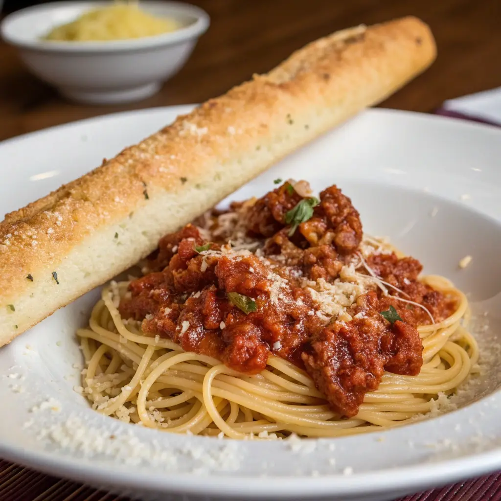 Garlic cheesy breadstick served as a side dish with spaghetti bolognese.