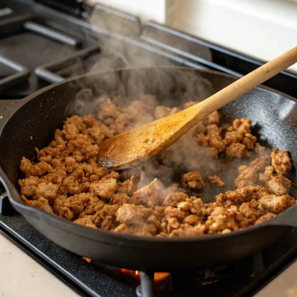 Browning lean ground turkey in a skillet to build flavor for the bolognese sauce.
