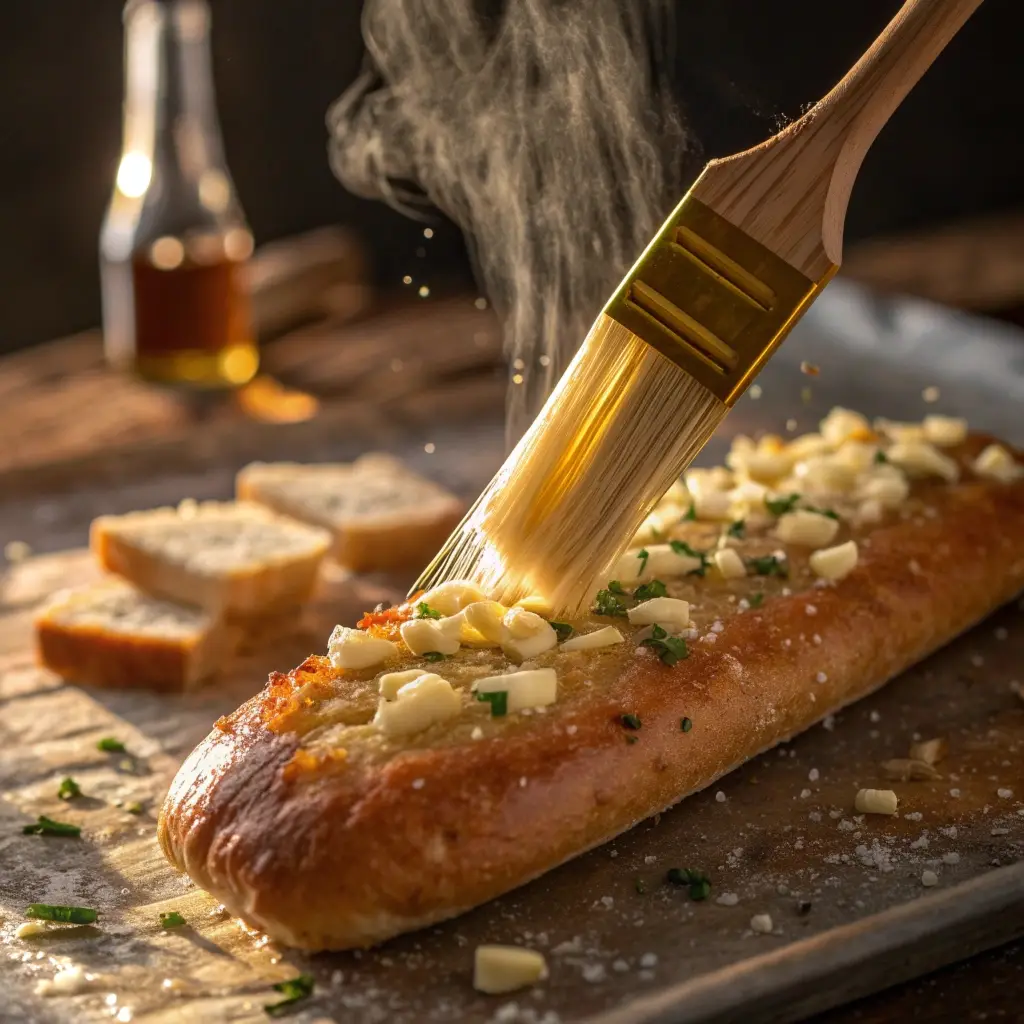 Brushing melted garlic butter and parsley onto hot baked breadsticks.