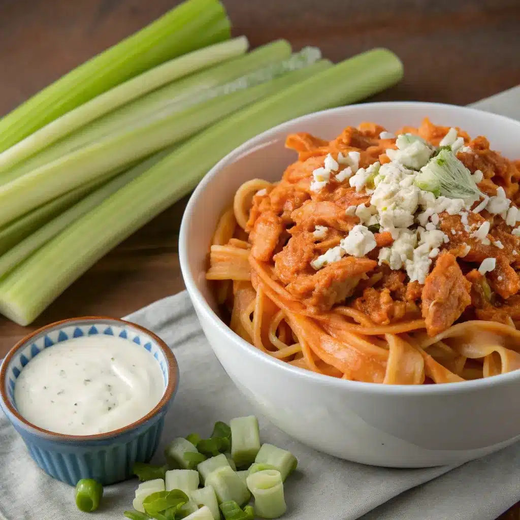 Buffalo chicken pasta bowl served next to fresh celery sticks and blue cheese dressing.