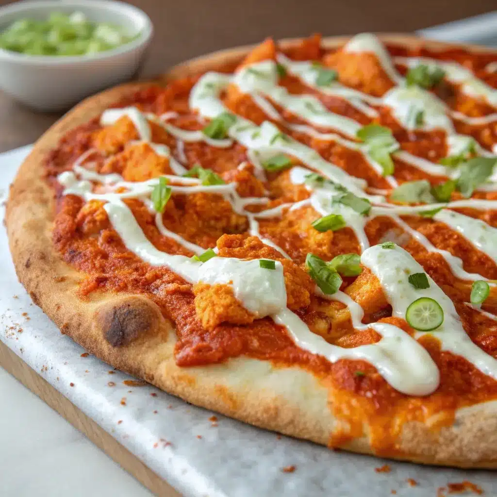 Spicy Buffalo Ranch Chicken Pizza with a creamy ranch drizzle.