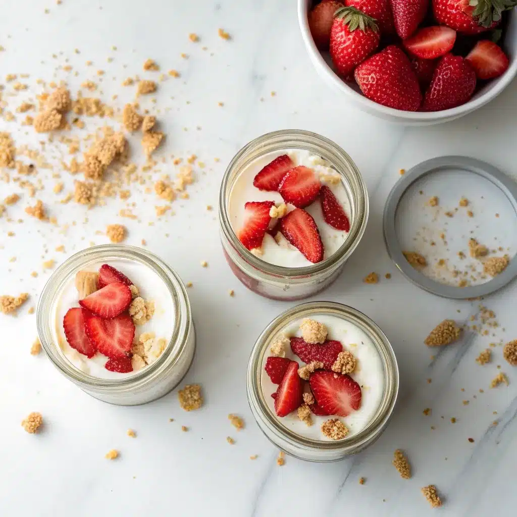Overhead shot of Cottage Cheese Cheesecake Jars on a marble counter.