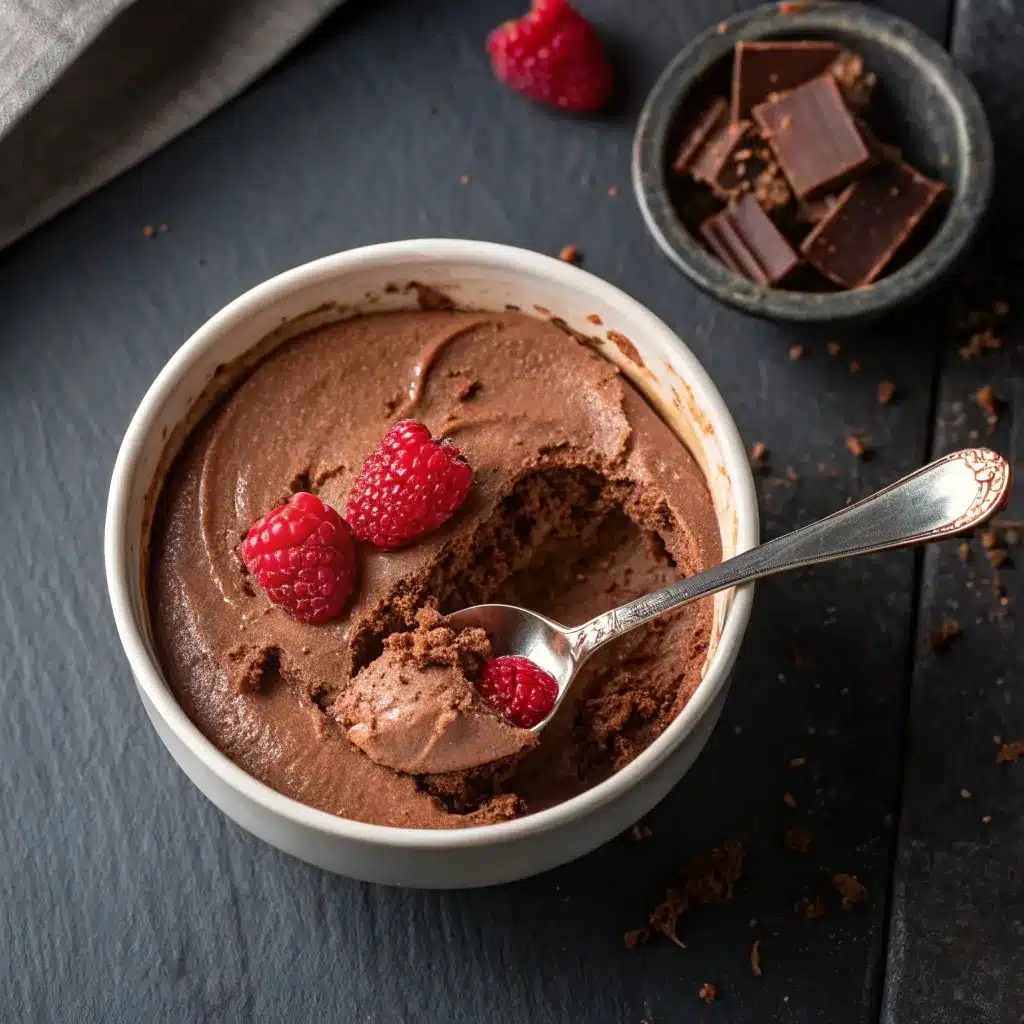 Close up of chocolate mousse texture on a spoon.