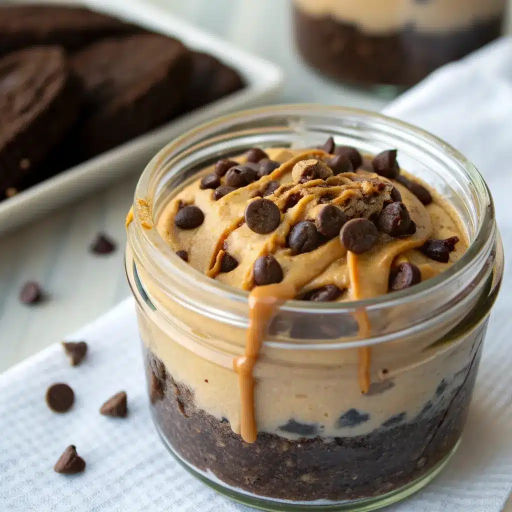 Chocolate Peanut Butter Cottage Cheese Cheesecake Jar with chips.