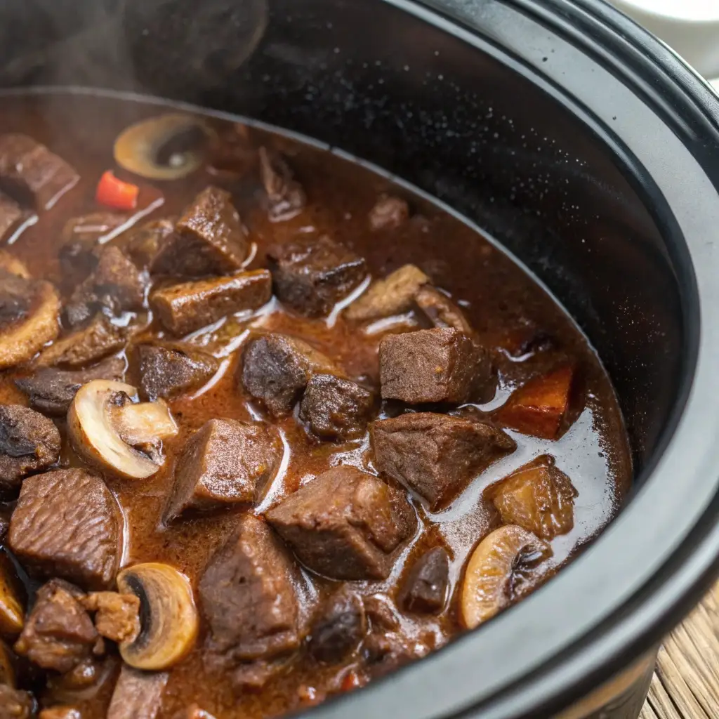Tender cooked beef and mushrooms in savory broth.