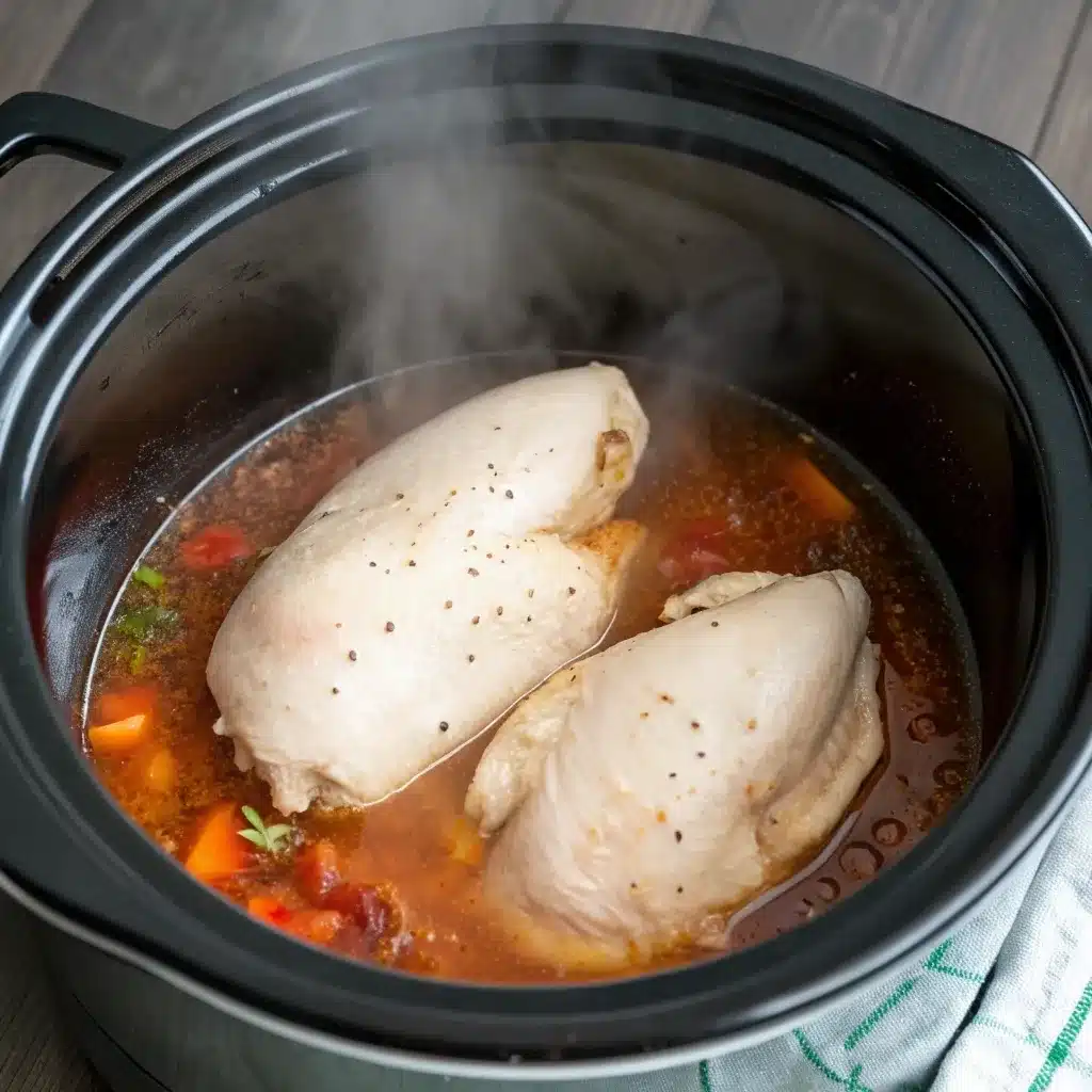 Tender cooked whole chicken breasts sitting in broth inside a slow cooker.
