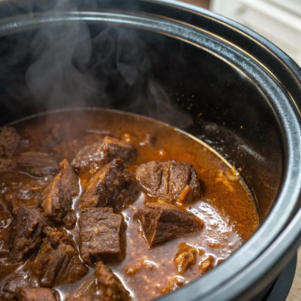 Tender cooked Korean beef strips swimming in dark savory sauce inside slow cooker.