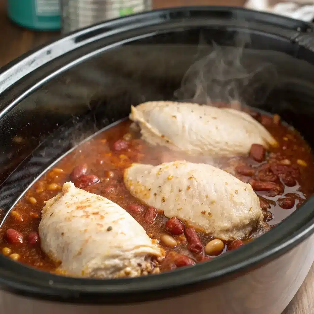 Tender cooked chicken breasts in broth with beans.