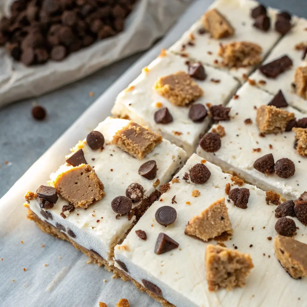 Cottage Cheese Bark topped with protein cookie dough crumbles.