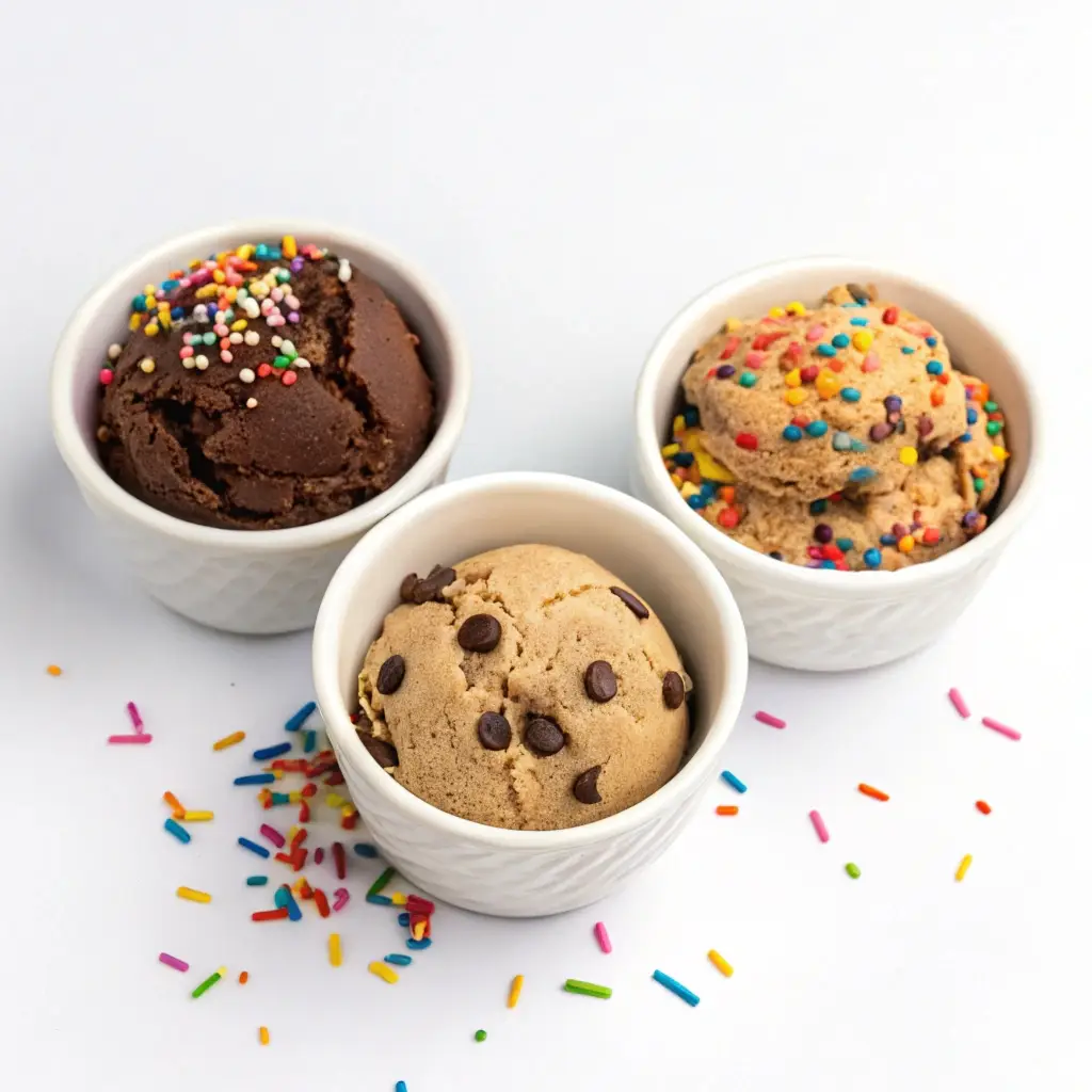 Three small bowls of cookie dough: Chocolate, Confetti/Sprinkle, and Classic Chip.