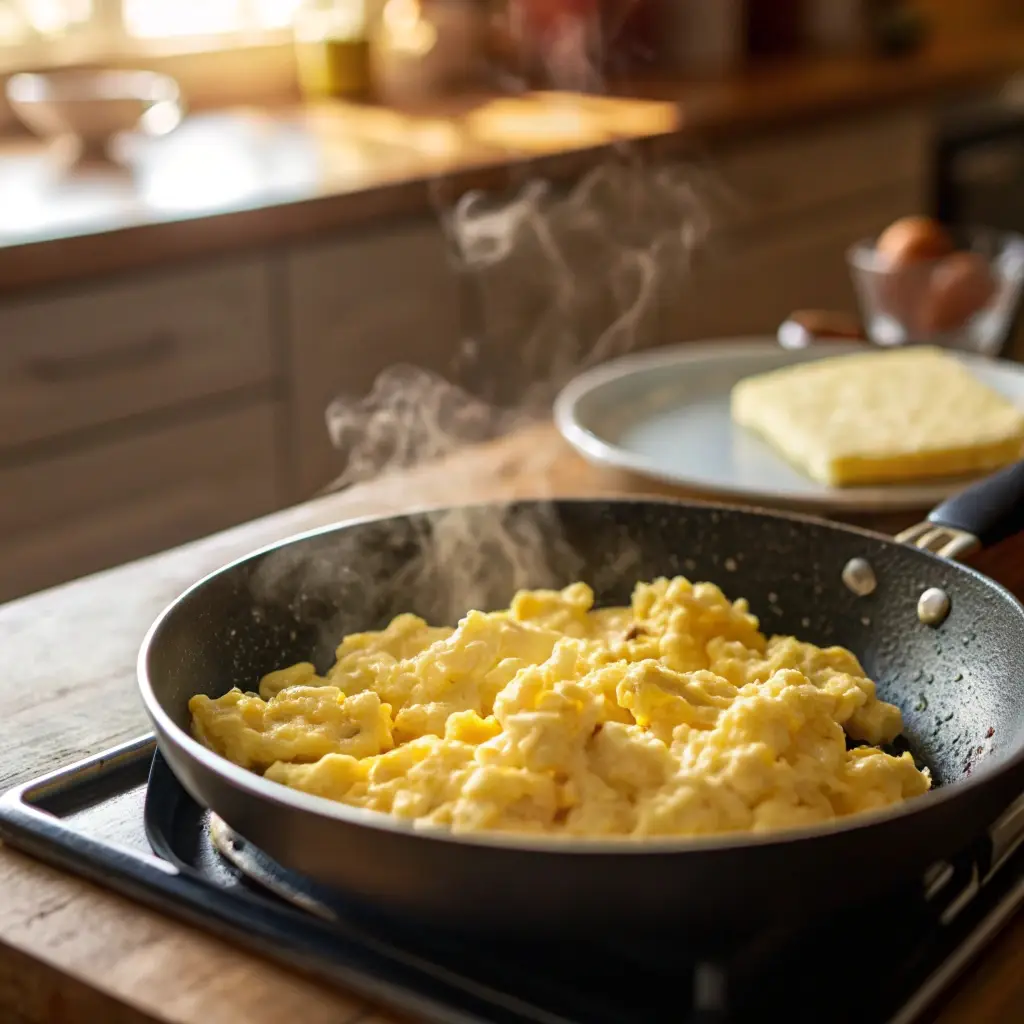 Cooking fluffy scrambled eggs in a pan.
