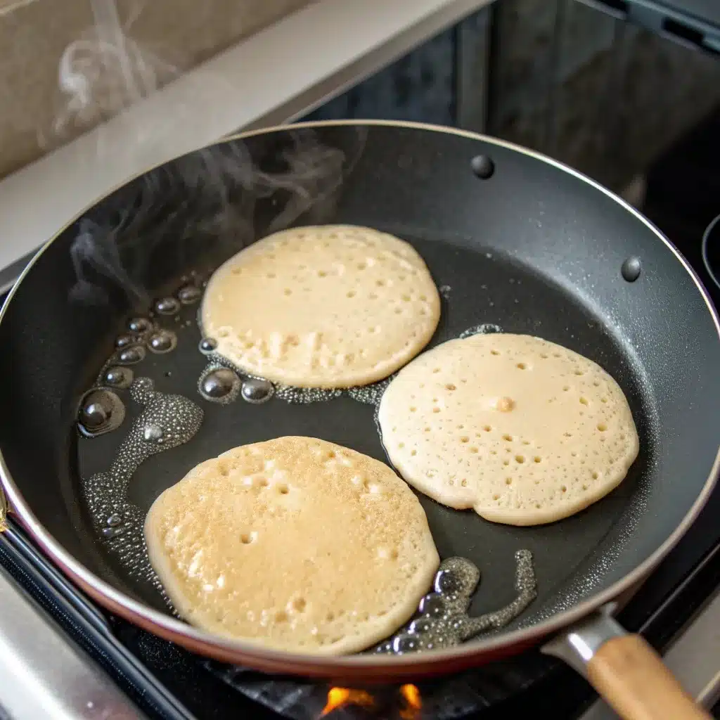 Cooking protein pancakes in a skillet with bubbles forming.