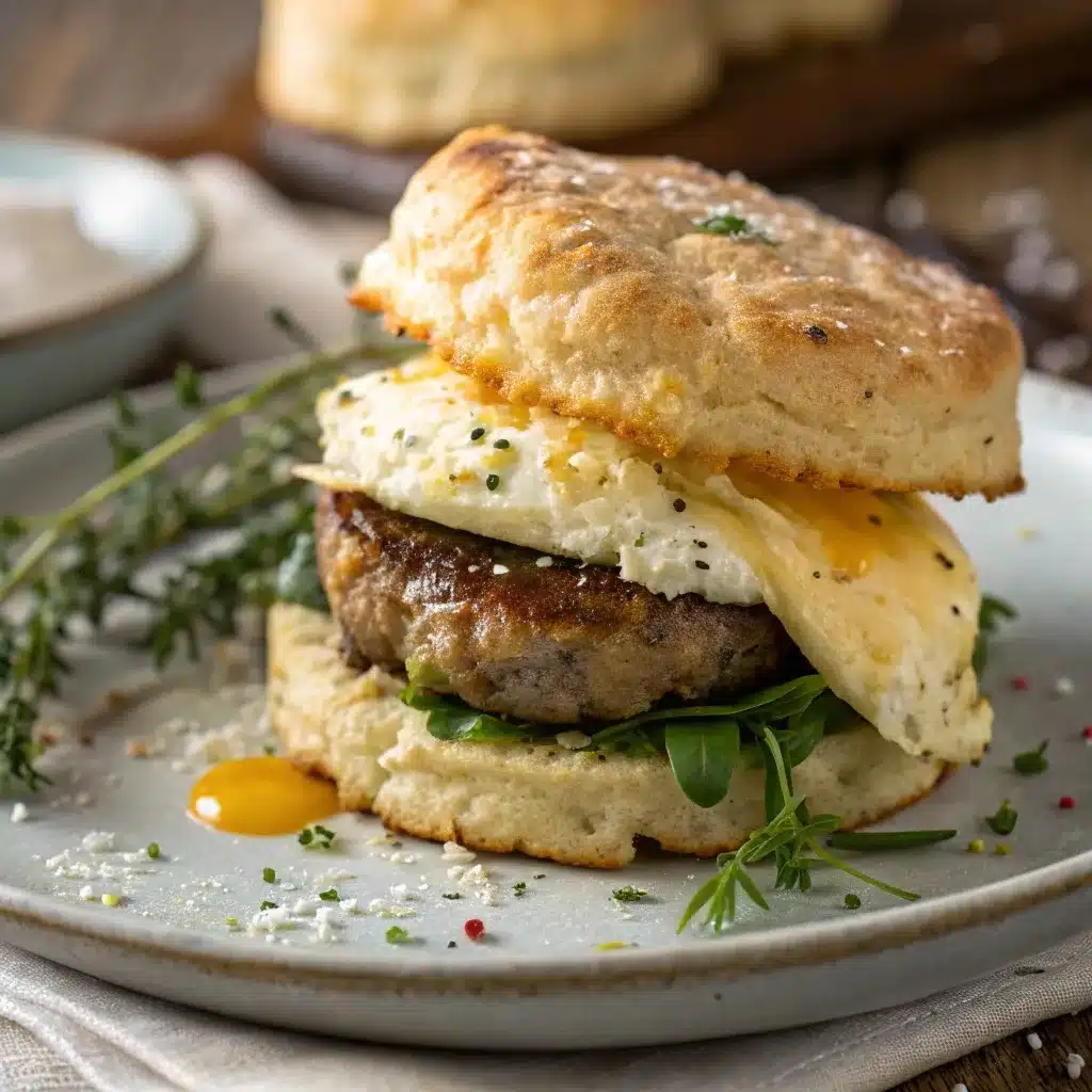 High protein breakfast sandwich made with a cottage cheese biscuit, egg, and sausage.