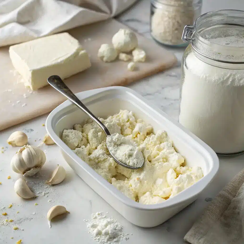The ingredients for cottage cheese breadsticks: flour, cottage cheese, garlic, and butter.