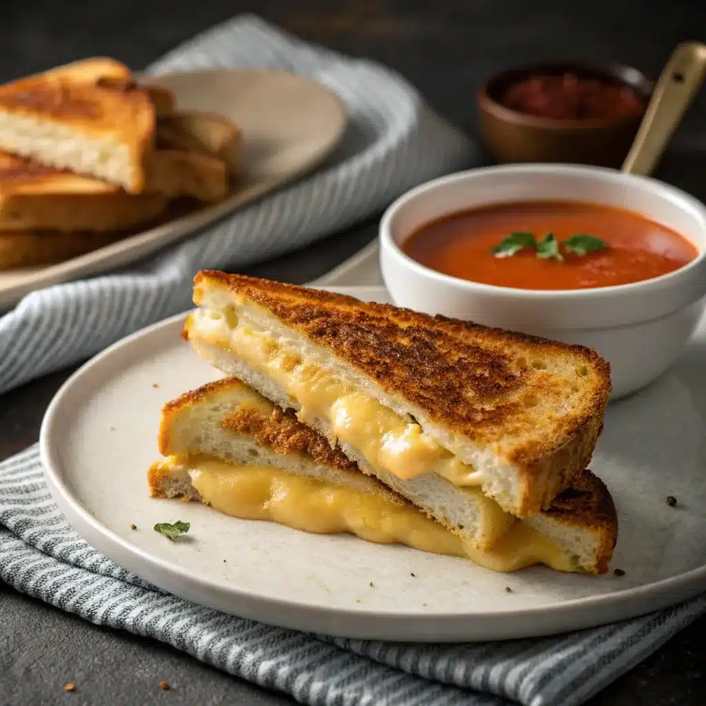 Grilled cheese made with cottage cheese flatbread paired with tomato soup.