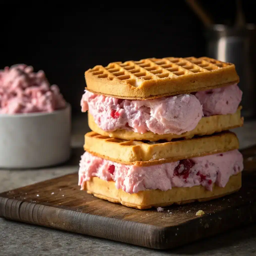 Ice cream sandwich made with waffles and Cottage Cheese Ice Cream.