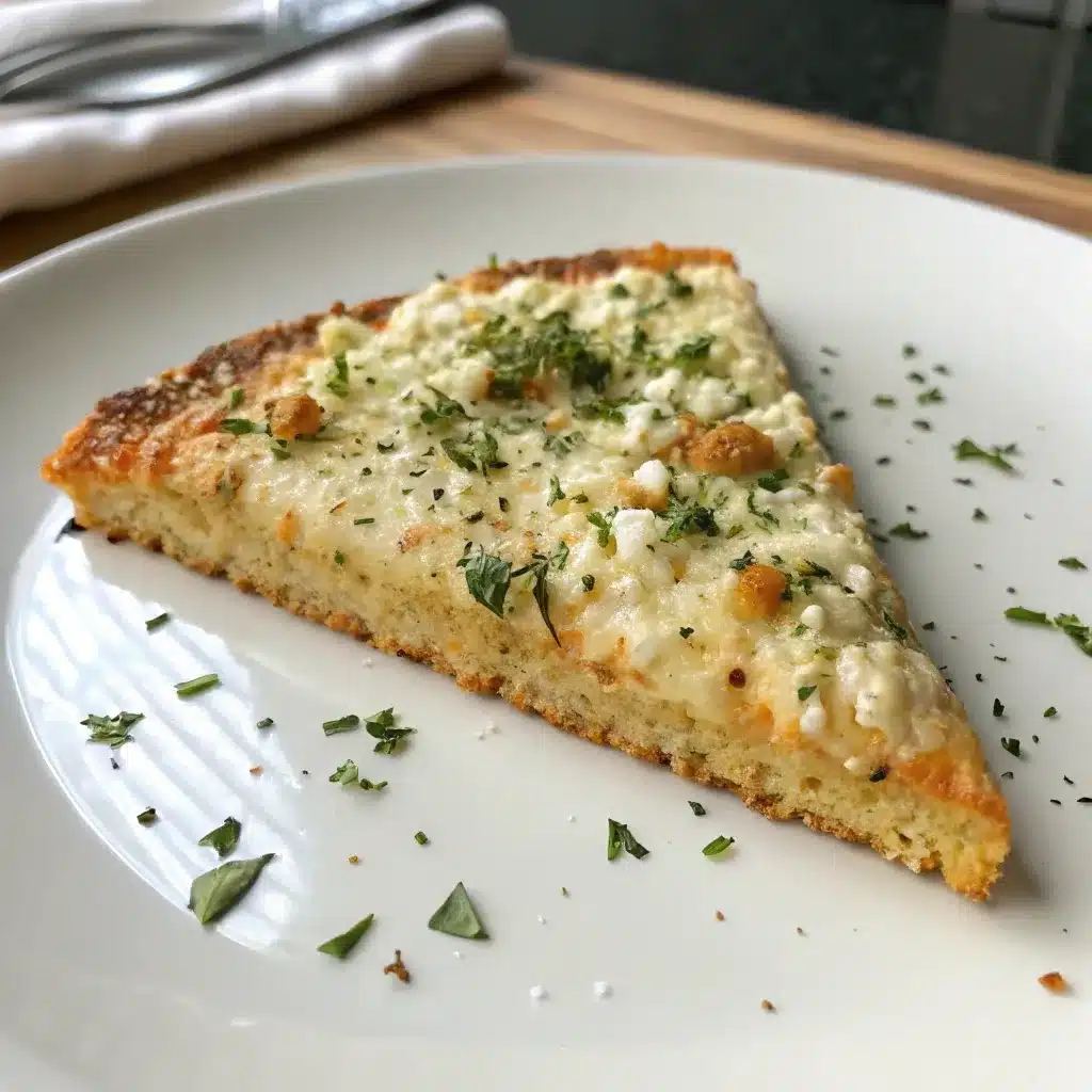 A slice of keto cottage cheese pizza crust made with almond flour and egg.